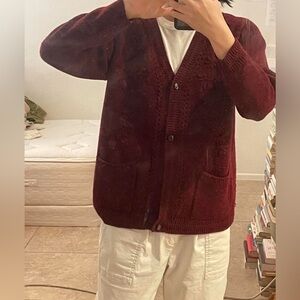 Burgundy Red Knit Cardigan with Embroidered Flowers
